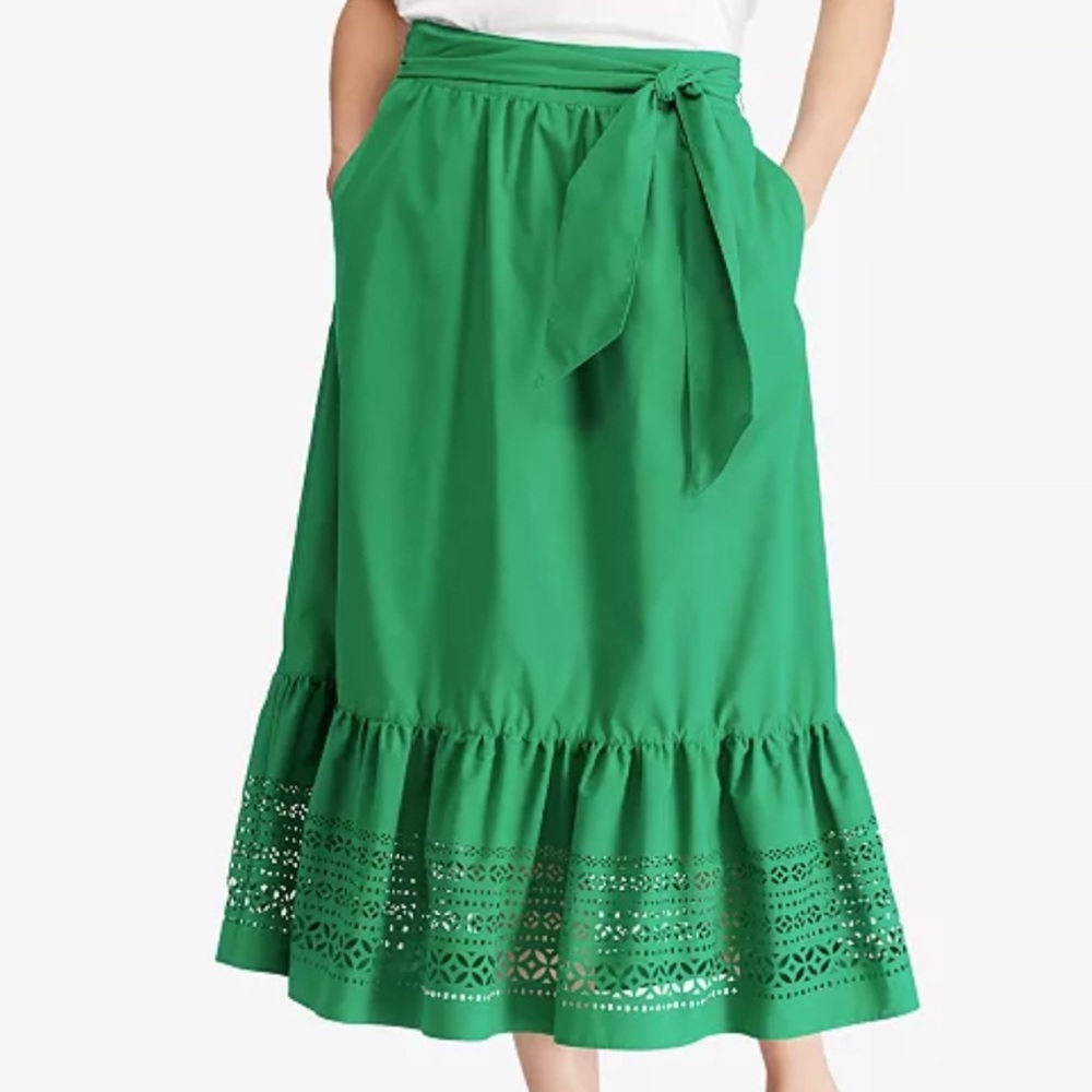 LAUREN RALPH LAUREN Cotton Blend Laser-cut Midi Skirt Size 16 Green